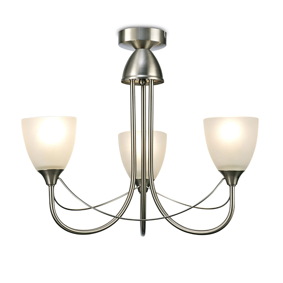 Cooper Three Arm Pendant or Semi Flush Light in Satin Nickel and Opal White Shades