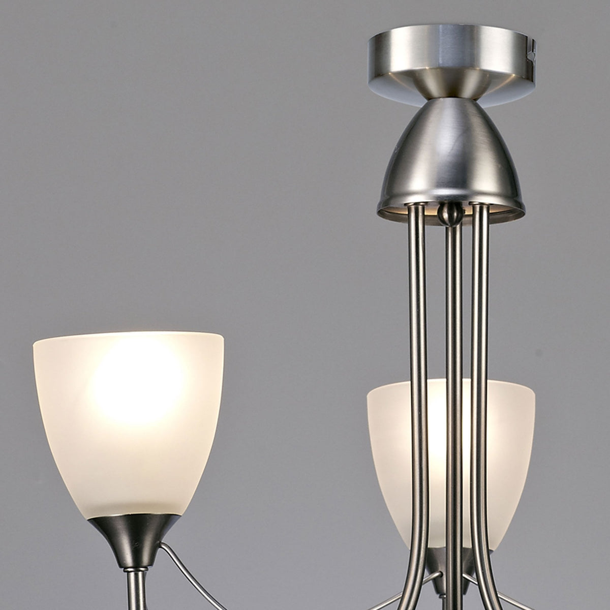Cooper Three Arm Pendant or Semi Flush Light in Satin Nickel and Opal White Shades
