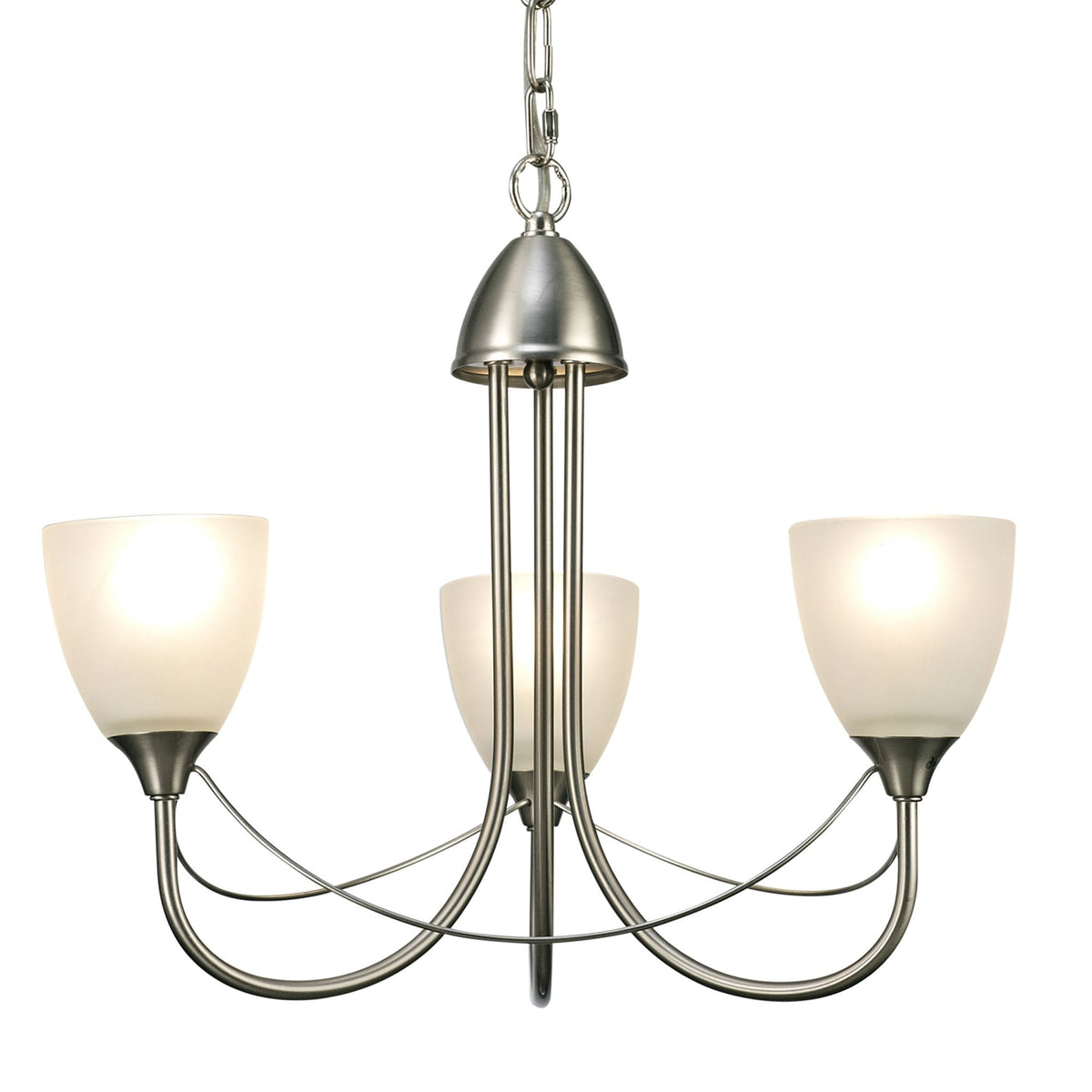 Cooper Three Arm Pendant or Semi Flush Light in Satin Nickel and Opal White Shades