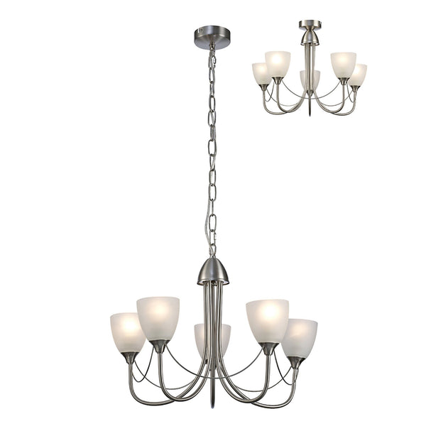 Cooper Five Arm Pendant or Semi Flush Light in Satin Nickel and Opal White Shades