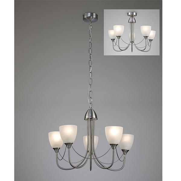Cooper Five Arm Pendant or Semi Flush Light in Satin Nickel and Opal White Shades