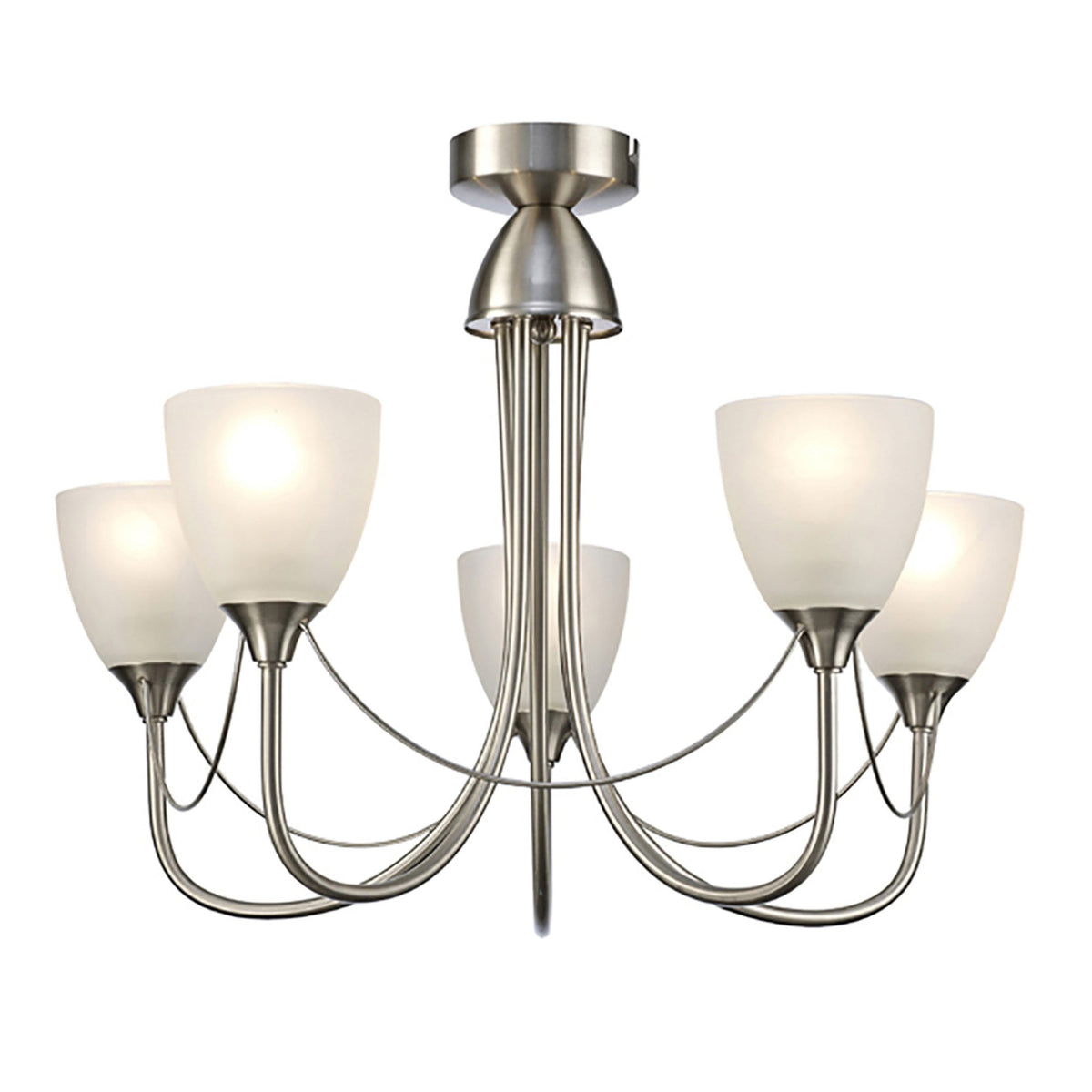 Cooper Five Arm Pendant or Semi Flush Light in Satin Nickel and Opal White Shades