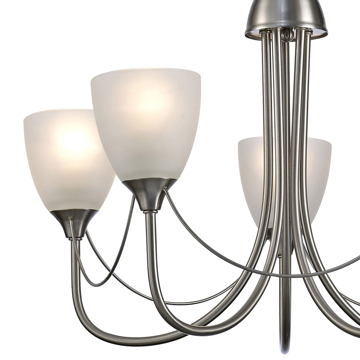 Cooper Five Arm Pendant or Semi Flush Light in Satin Nickel and Opal White Shades