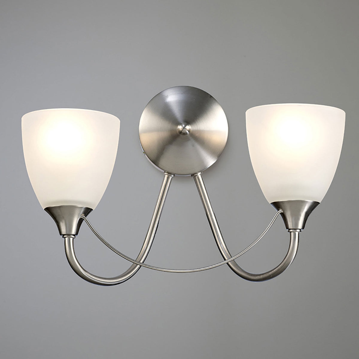 Cooper Two Arm Wall Light in Satin Nickel with Opal White Shades