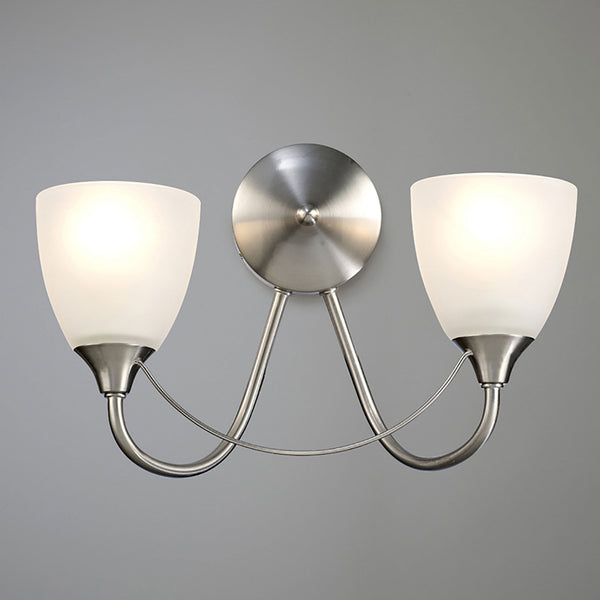 Cooper Two Arm Wall Light in Satin Nickel with Opal White Shades