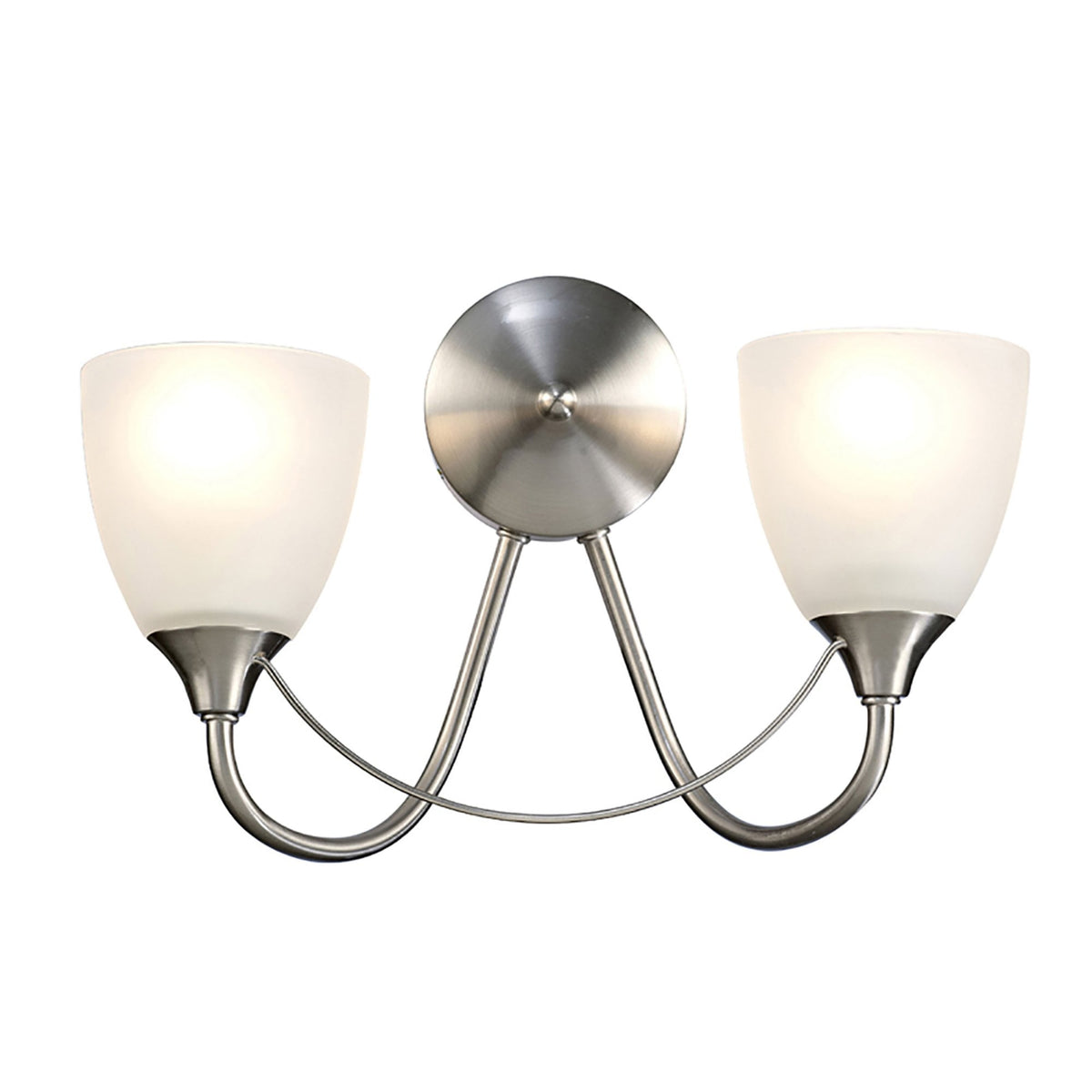 Cooper Two Arm Wall Light in Satin Nickel with Opal White Shades