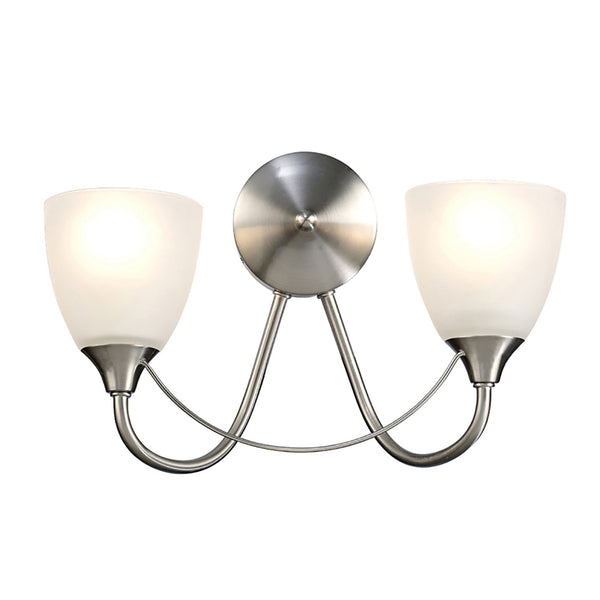 Cooper Two Arm Wall Light in Satin Nickel with Opal White Shades