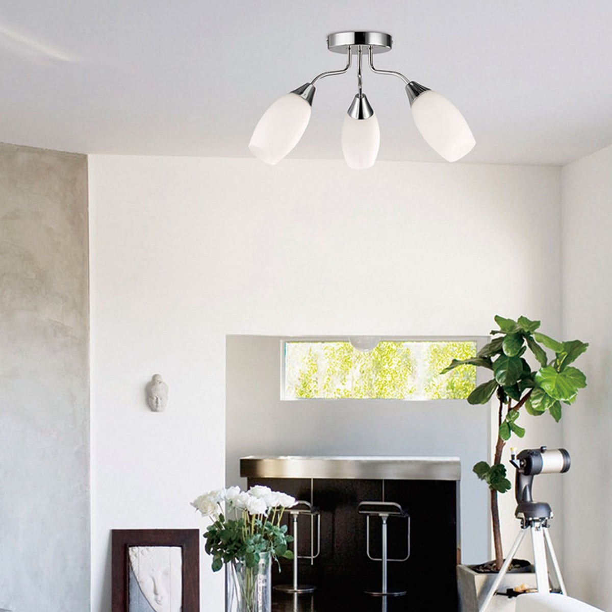 Denia Three Arm Ceiling Light in Chrome with Opal Shades