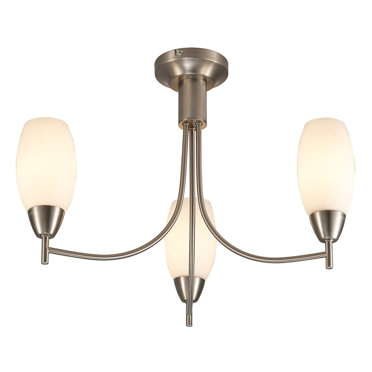 Devon Three Arm Semi Flush Ceiling Light in Satin Nickel with Opal White Shades
