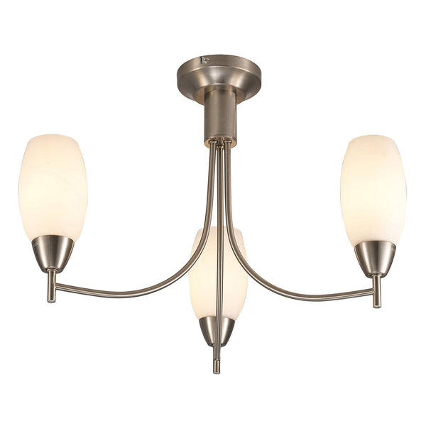 Devon Three Arm Semi Flush Ceiling Light in Satin Nickel with Opal White Shades