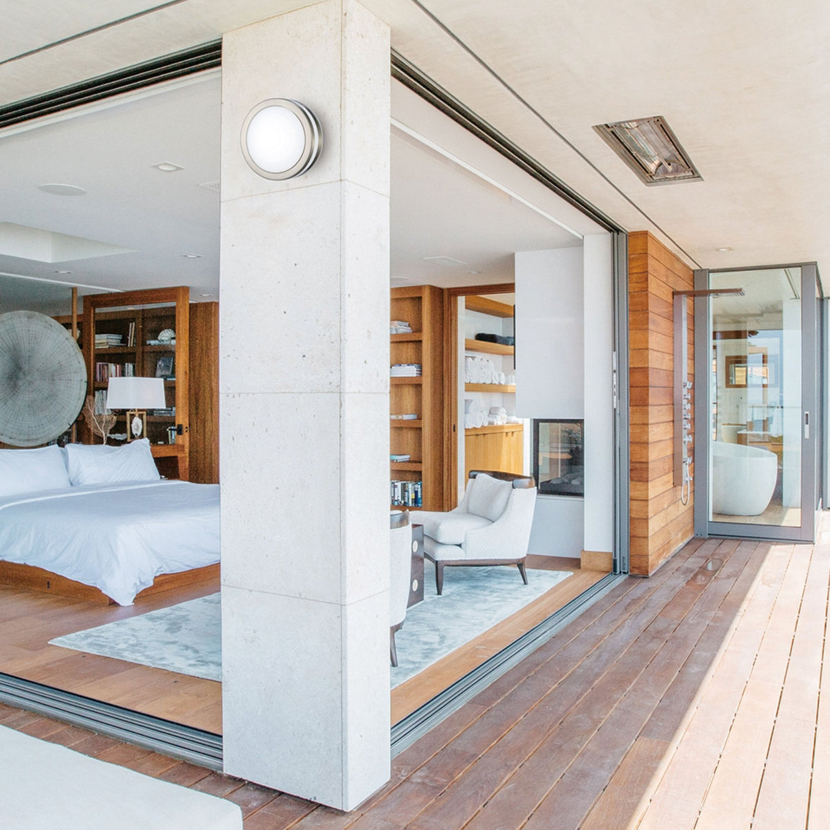 Aldo IP44 LED Round Wall Light in Stainless Steel with Opal White Diffuser