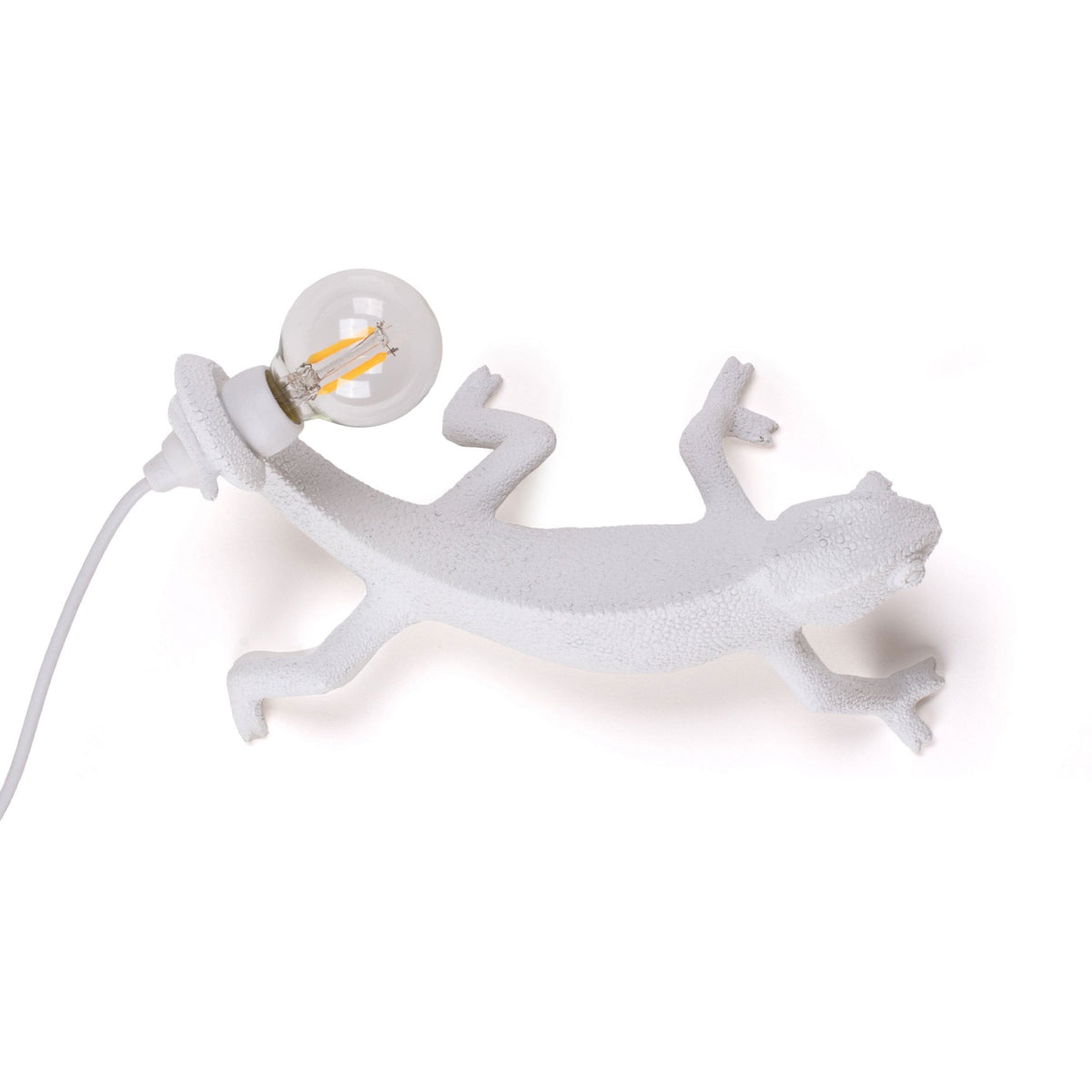A white chameleon-shaped wall lamp with an exposed bulb shown on a plain white background.