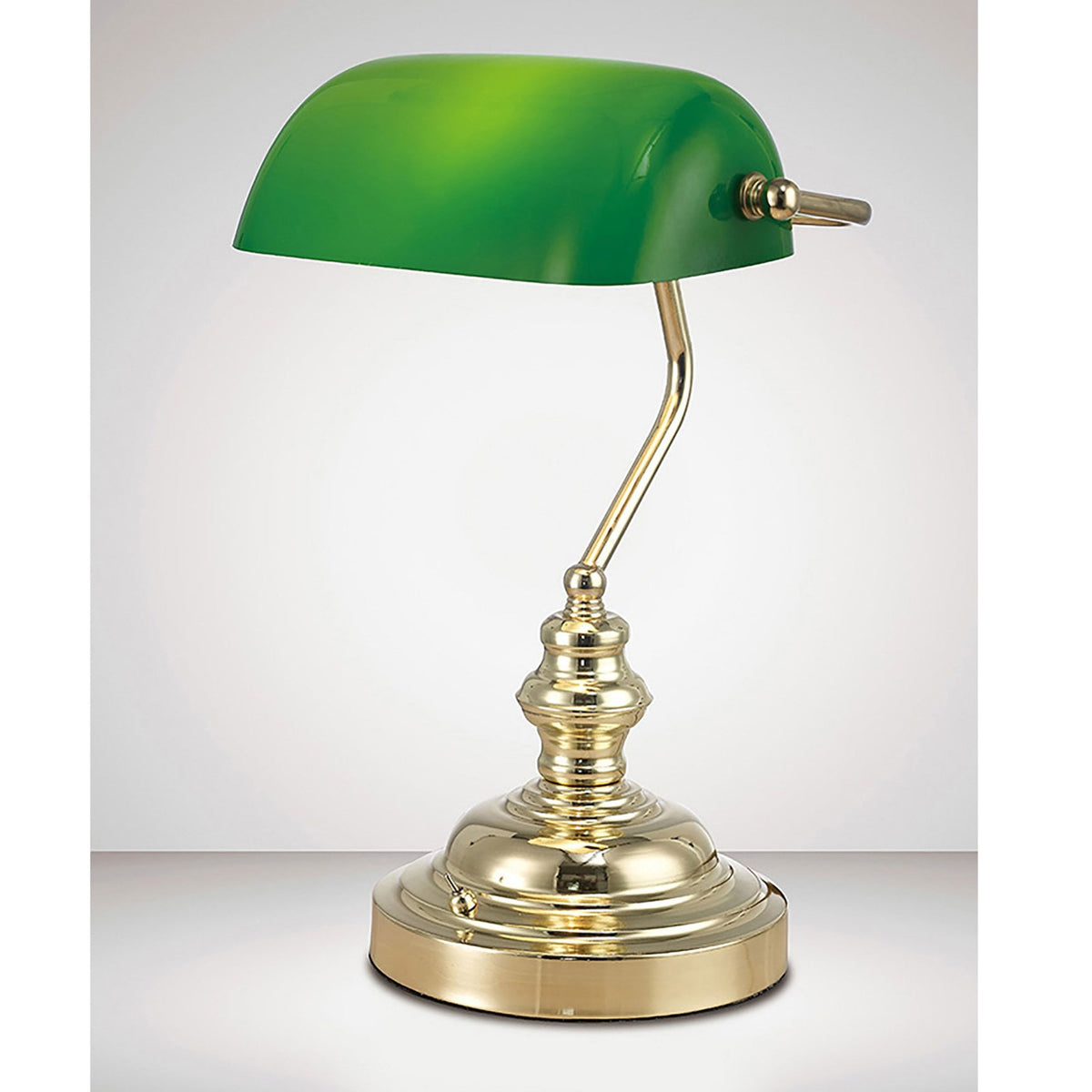 Morgan Bankers Table Lamp in Polished Brass & Green Glass Diffuser