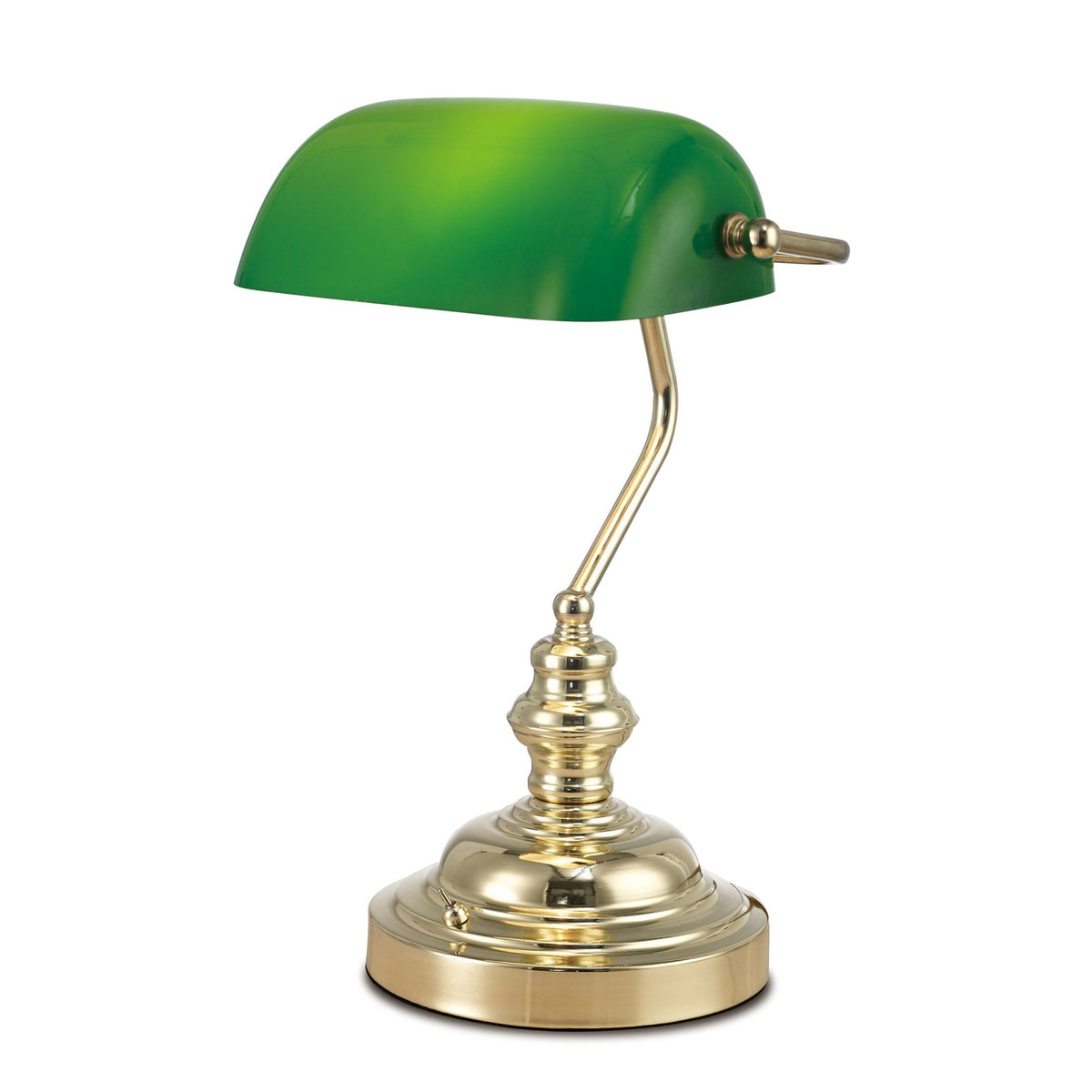 Morgan Bankers Table Lamp in Polished Brass & Green Glass Diffuser