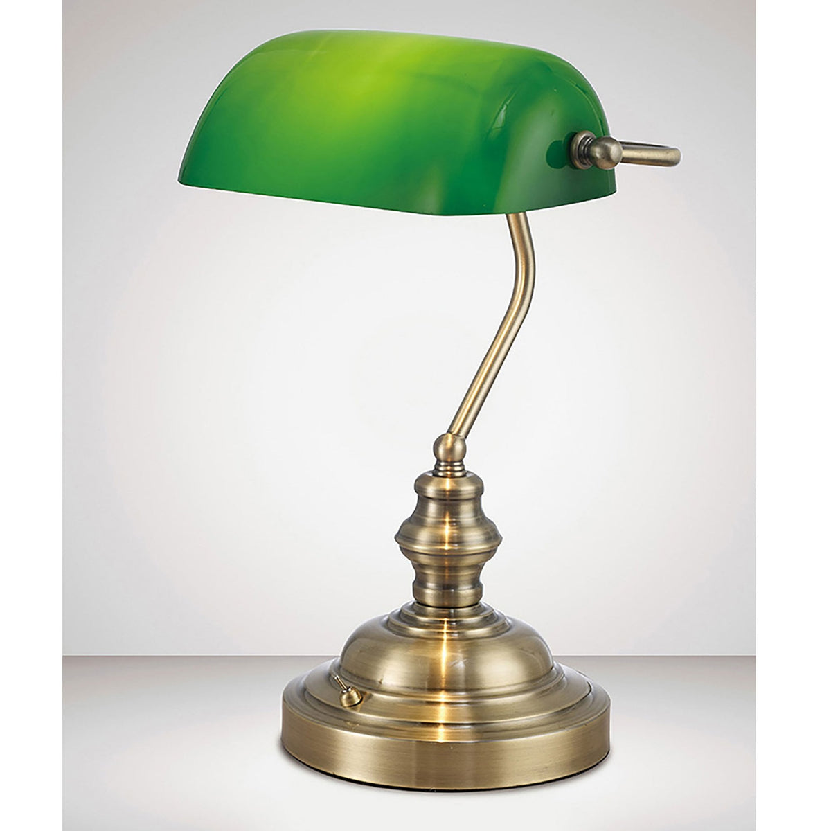Morgan Bankers Table Lamp in Antique Brass & Green Glass Diffuser