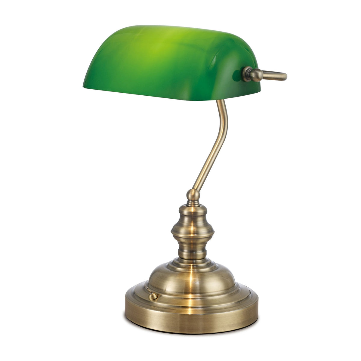 Morgan Bankers Table Lamp in Antique Brass & Green Glass Diffuser