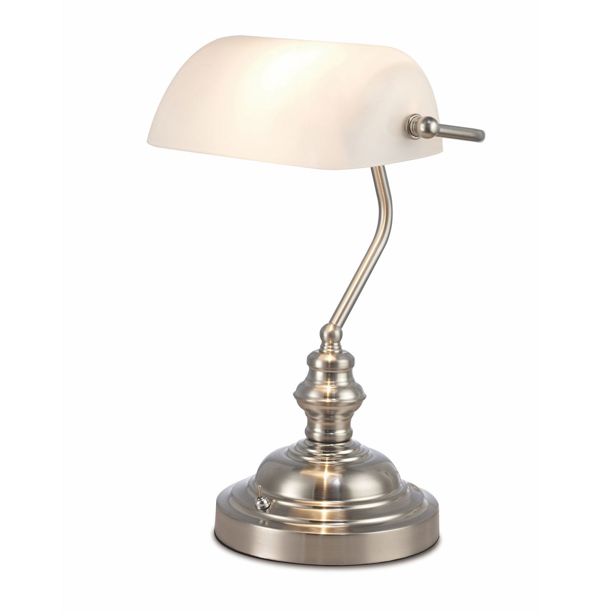 Morgan Bankers Table Lamp in Satin Nickel & White Glass Diffuser