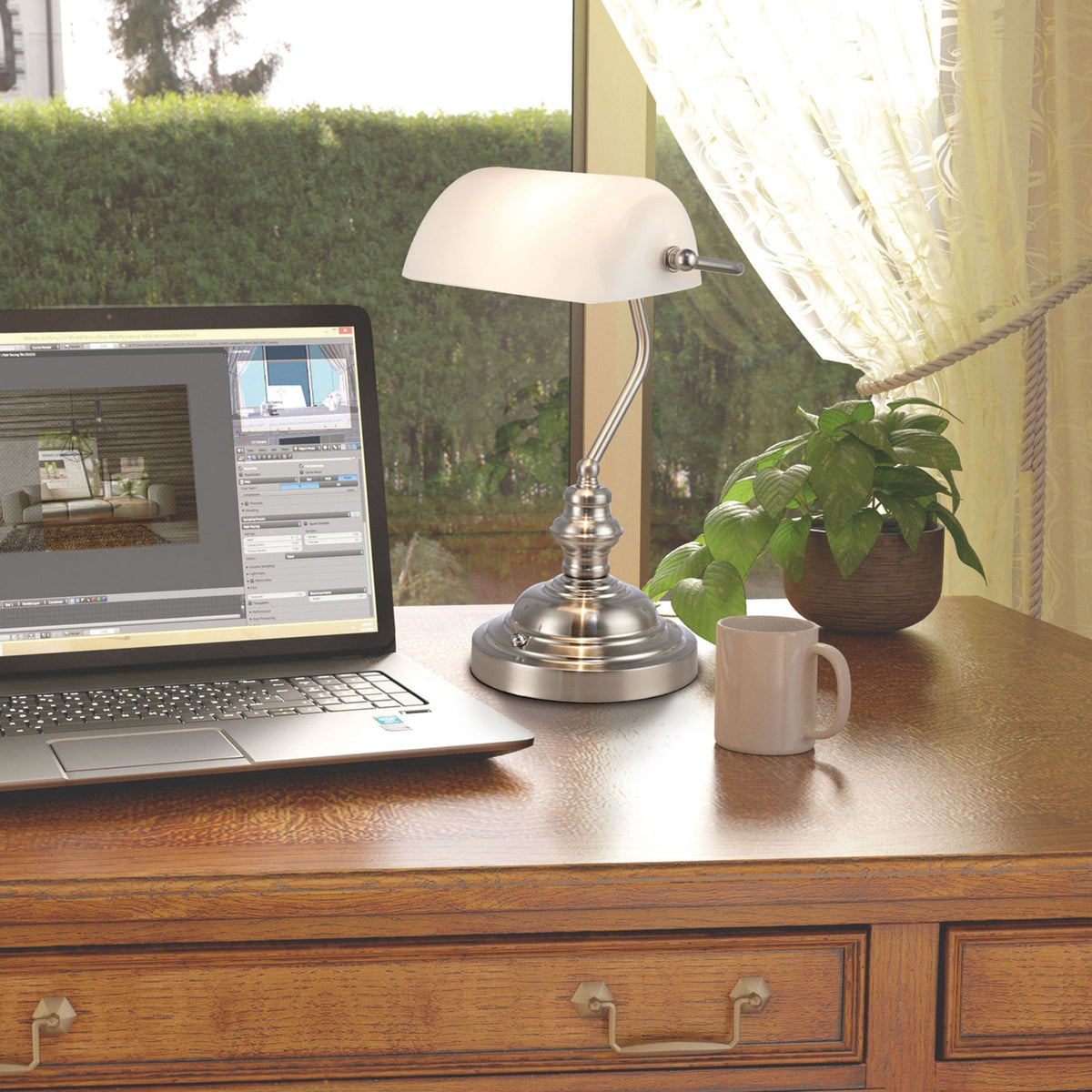 Morgan Bankers Table Lamp in Satin Nickel & White Glass Diffuser