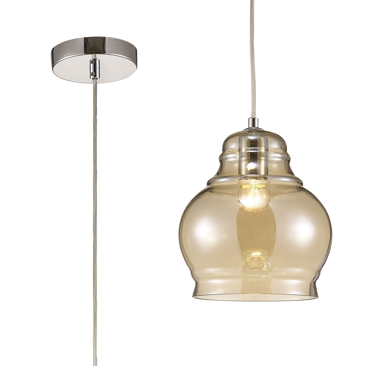 Ariel Medium Cognac Glass Pendant Light with Chrome Metalwork