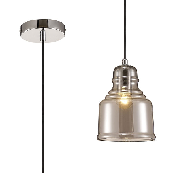 Ariel Bell Smoked Glass Pendant Light with Chrome Metalwork