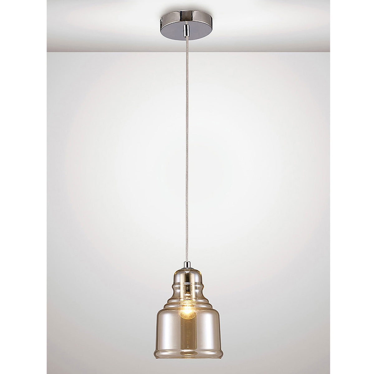 Ariel Bell Cognac Glass Pendant Light with Chrome Metalwork