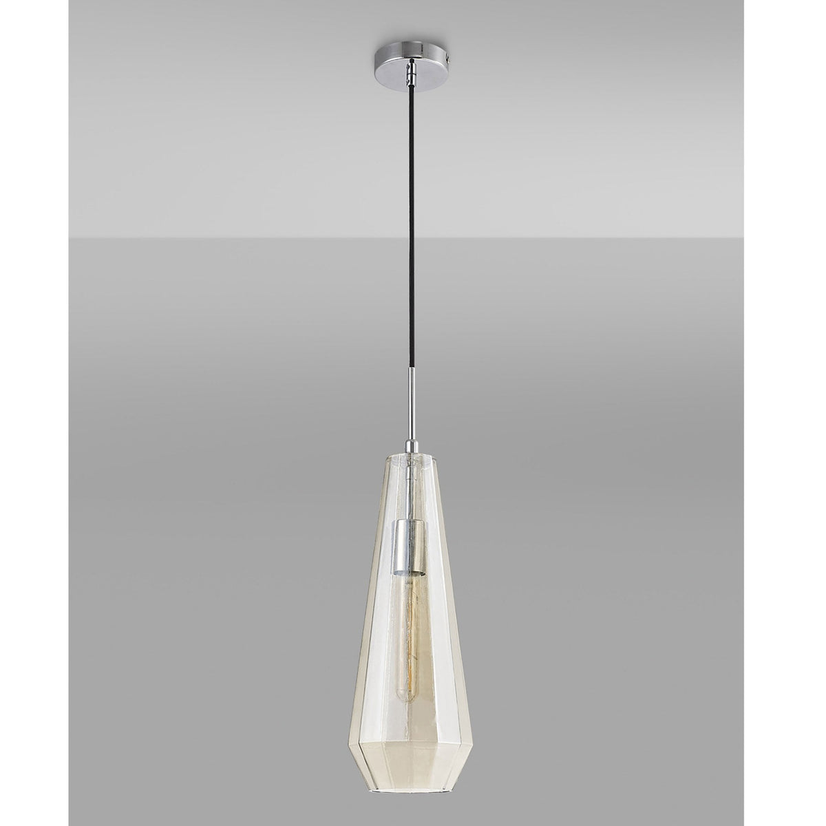 Markus Slim Cone Cognac Glass Single Pendant with Chrome Metalwork