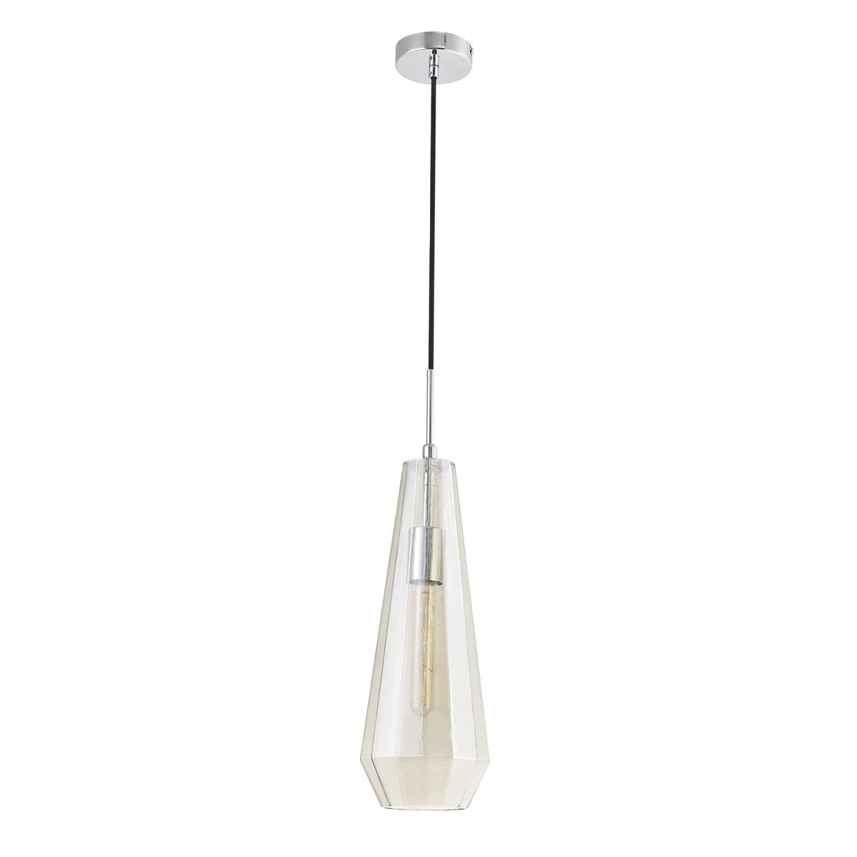 Markus Slim Cone Cognac Glass Single Pendant with Chrome Metalwork