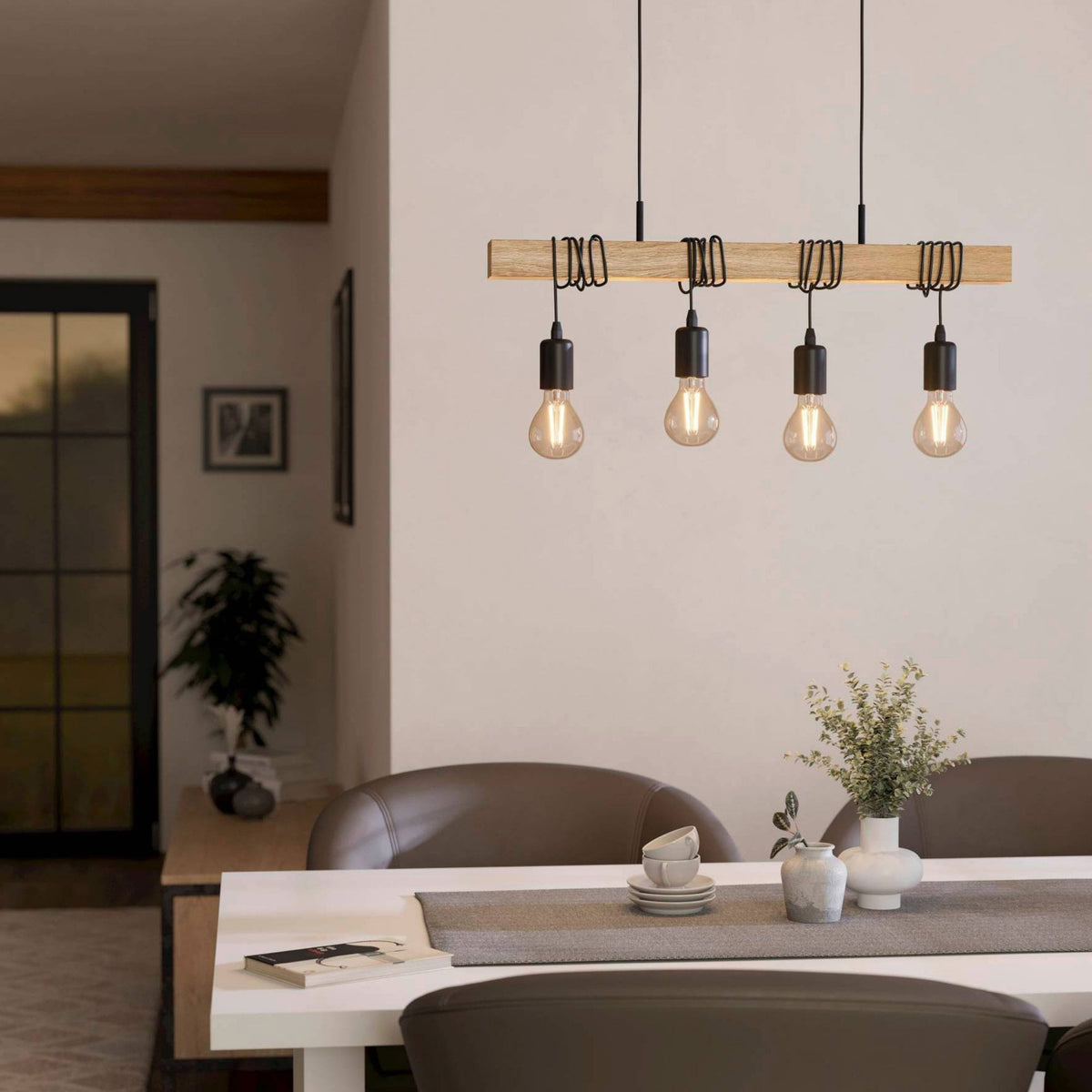 Townshend Four Lamp Wooden Bar Pendant with Black Detailing