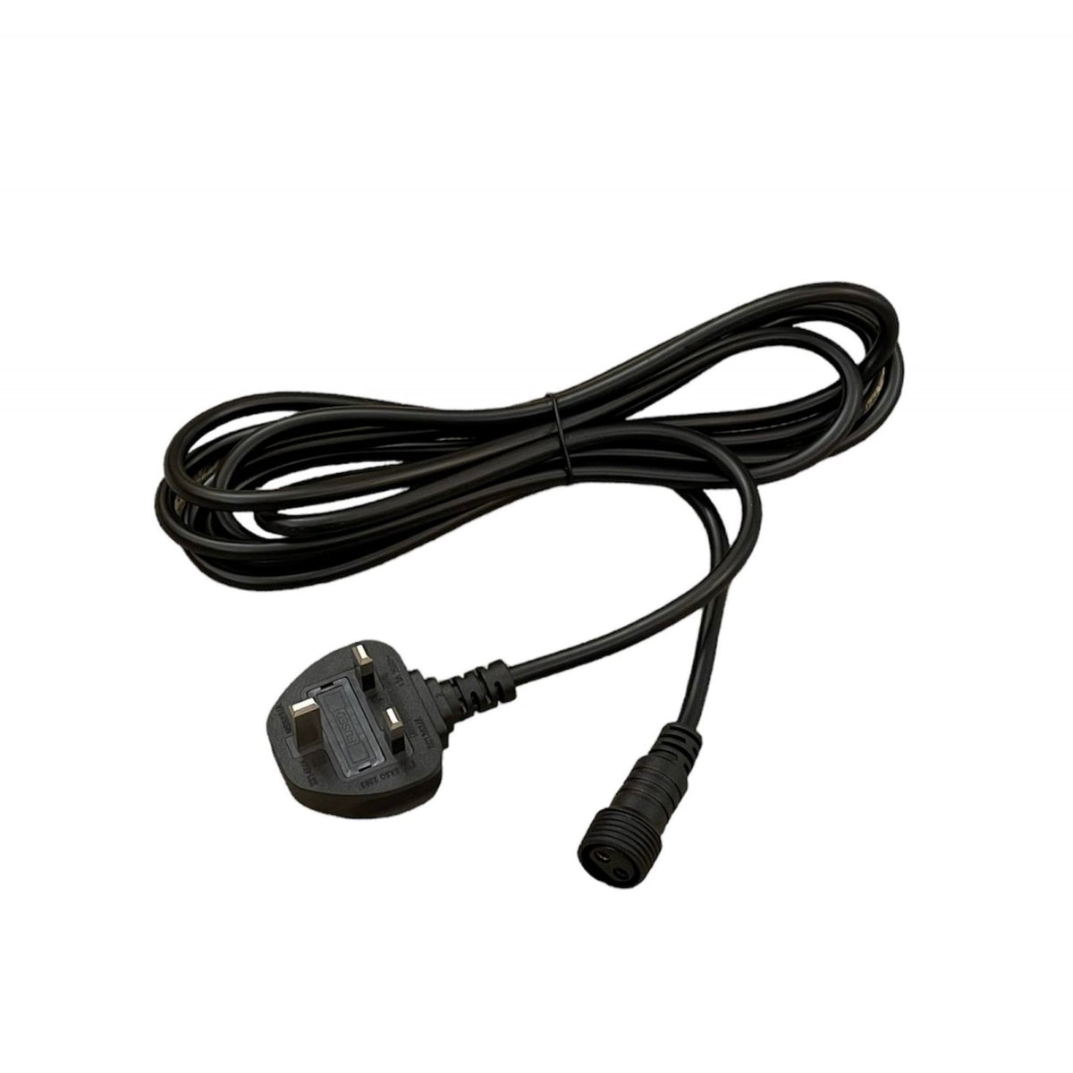 Black mains power cable with a UK plug and a circular connector.