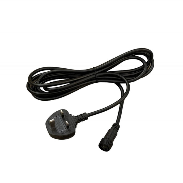 Black mains power cable with a UK plug and a circular connector.