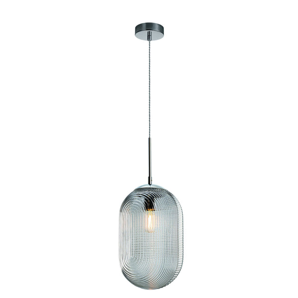 A clear glass pendant light with a chrome fixture on a white background.
