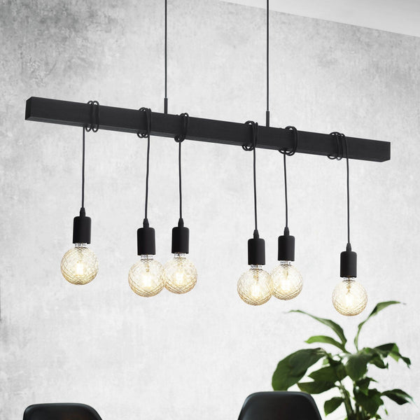 Townshend Six Lamp Wooden Black Bar Pendant with Black Detailing