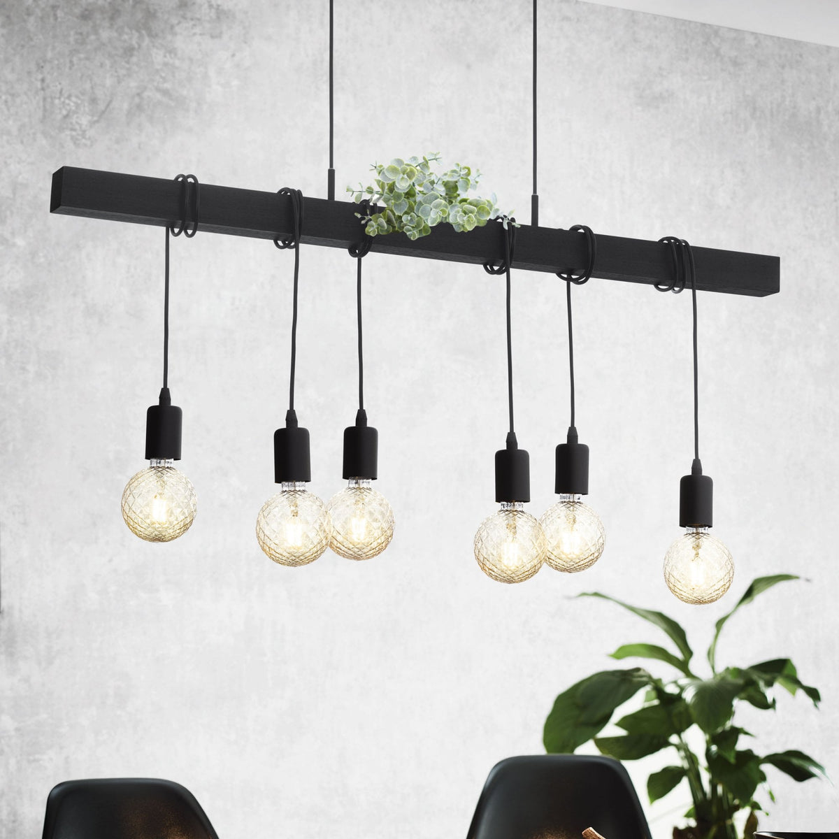Townshend Six Lamp Wooden Black Bar Pendant with Black Detailing