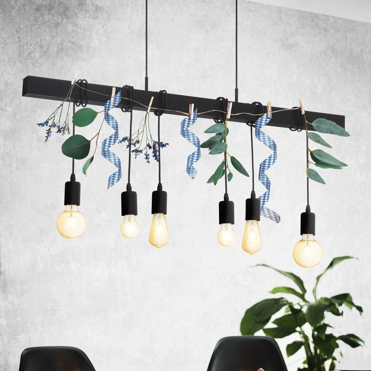 Townshend Six Lamp Wooden Black Bar Pendant with Black Detailing