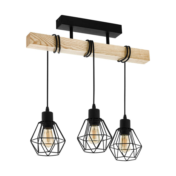 Townshend 5 Three Lamp Wooden Bar Semi Flush Fitting with Wire Cage Shades