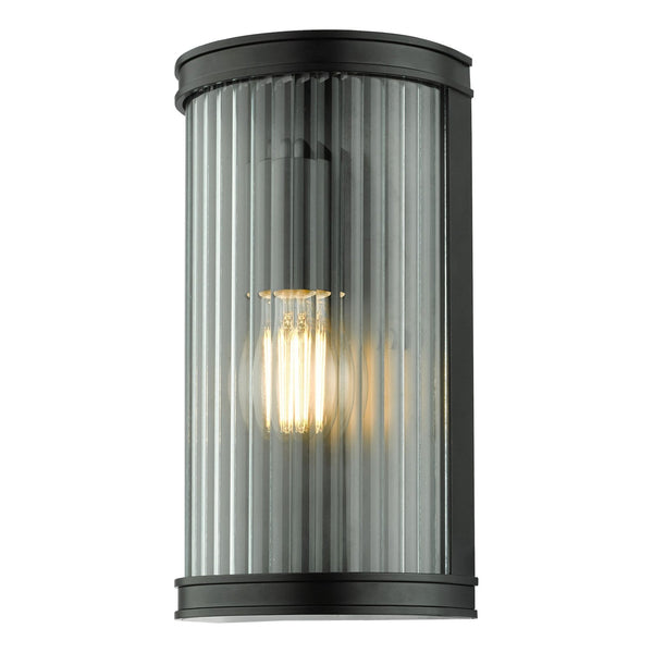 Anund IP44 Bathroom Wall Light In Matt Black With Ribbed Glass