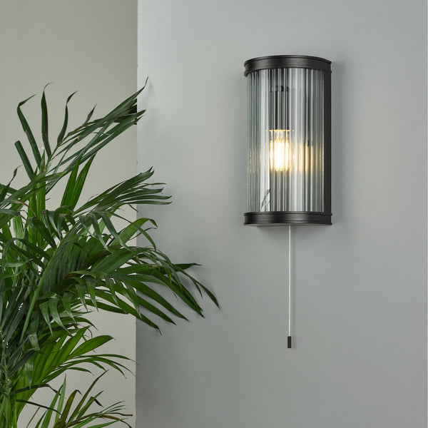 Anund IP44 Bathroom Wall Light In Matt Black With Ribbed Glass