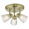 Cedric 3 Light IP44 Semi Flush Bathroom Ceiling Light In Antique Brass With Ribbed Glass Shade
