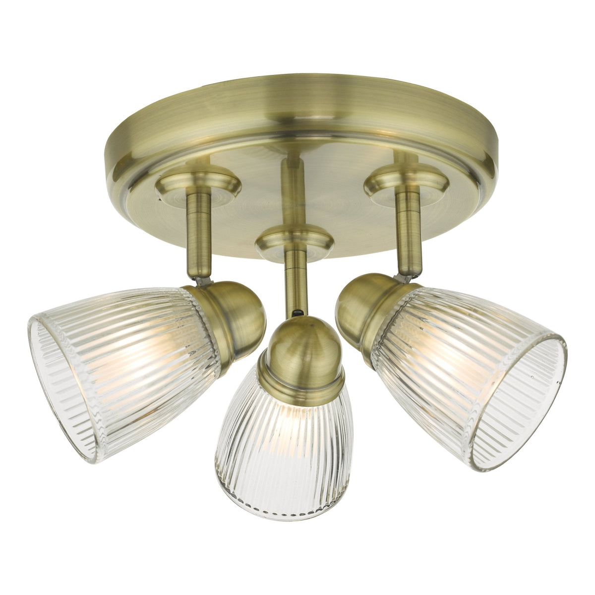 Cedric 3 Light IP44 Semi Flush Bathroom Ceiling Light In Antique Brass With Ribbed Glass Shade