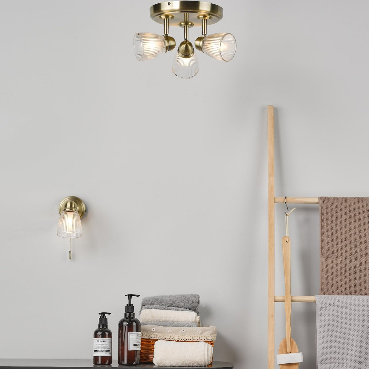 Cedric 3 Light IP44 Semi Flush Bathroom Ceiling Light In Antique Brass With Ribbed Glass Shade