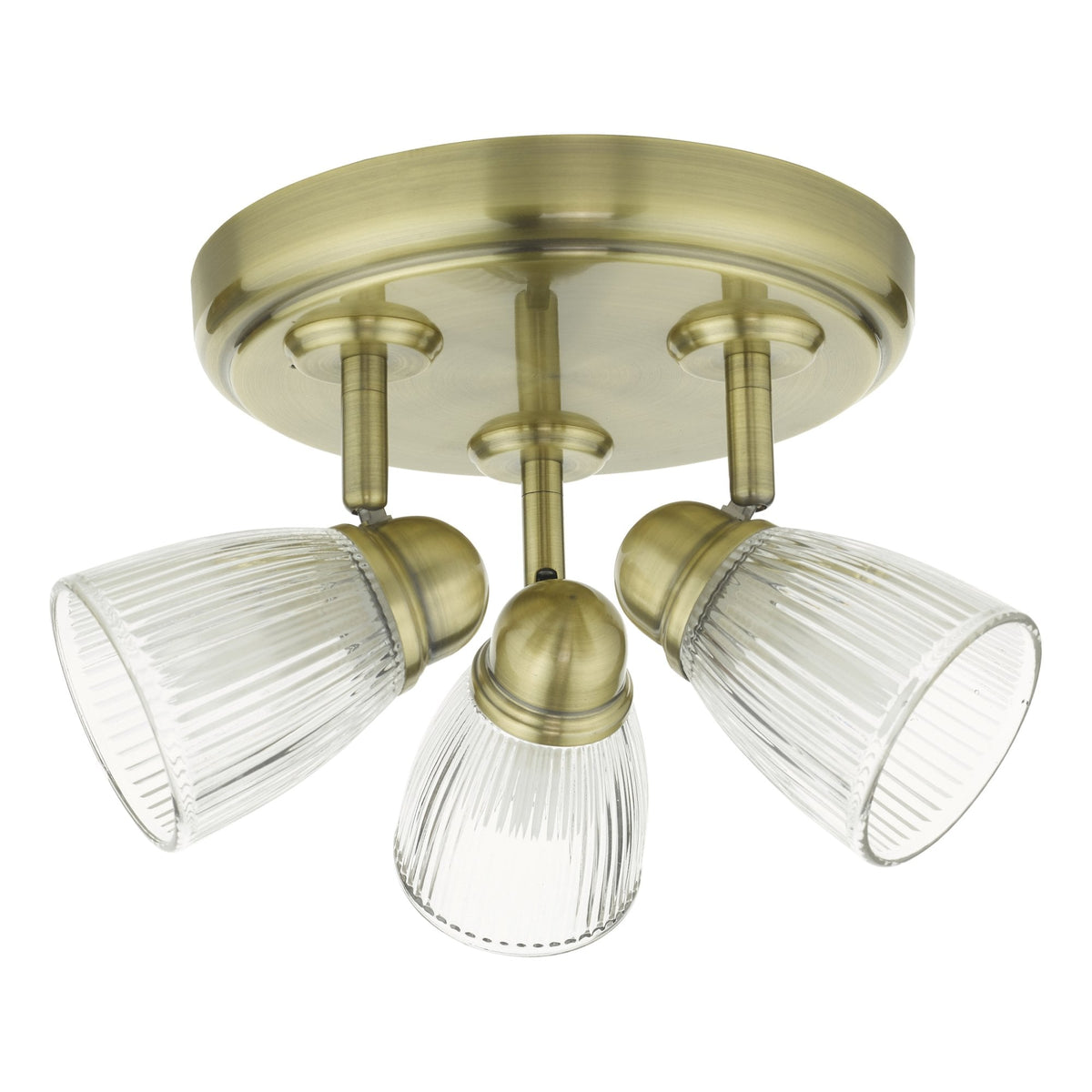 Cedric 3 Light IP44 Semi Flush Bathroom Ceiling Light In Antique Brass With Ribbed Glass Shade