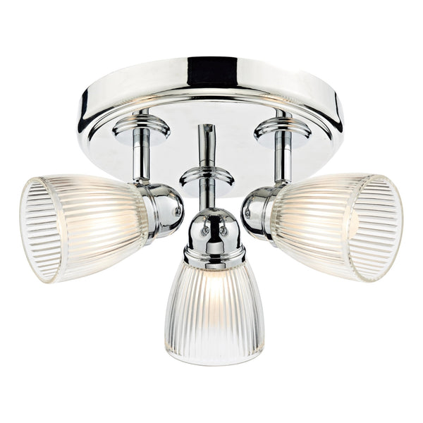 Cedric 3 Light IP44 Semi Flush Bathroom Ceiling Light In Polished Chrome With Ribbed Glass Shade