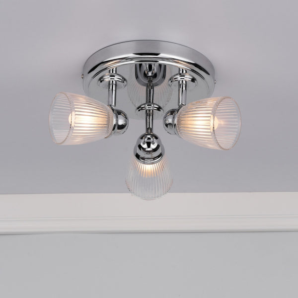 Cedric 3 Light IP44 Semi Flush Bathroom Ceiling Light In Polished Chrome With Ribbed Glass Shade