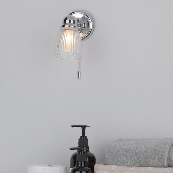 Cedric IP44 Switched Bathroom Wall Light In Polished Chrome With Opal Glass Shade