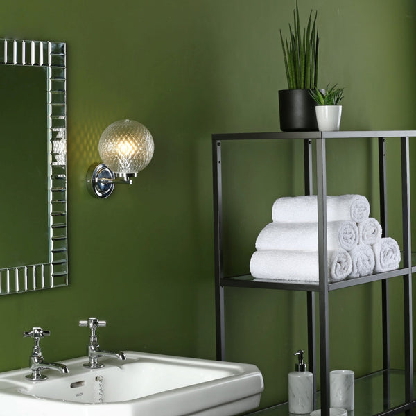 Wayne IP44 Wall Light In Polished Chrome With Textured Glass Shade