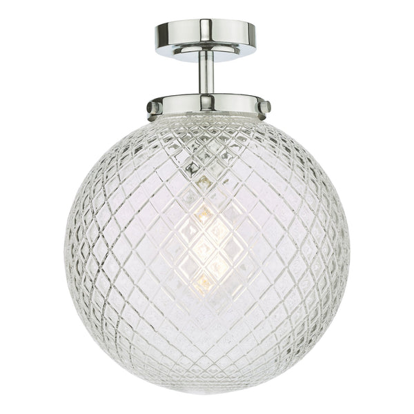 Wayne IP44 Semi Flush Ceiling Light In Polished Chrome With Textured Glass Shade