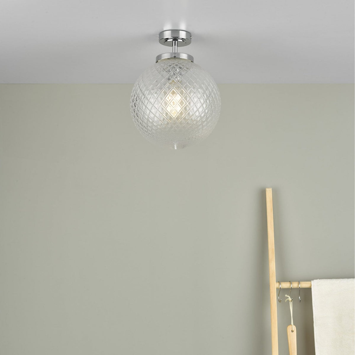 Wayne IP44 Semi Flush Ceiling Light In Polished Chrome With Textured Glass Shade