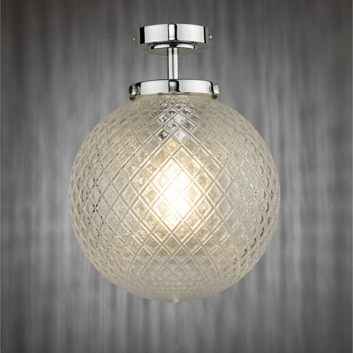 Wayne IP44 Semi Flush Ceiling Light In Polished Chrome With Textured Glass Shade
