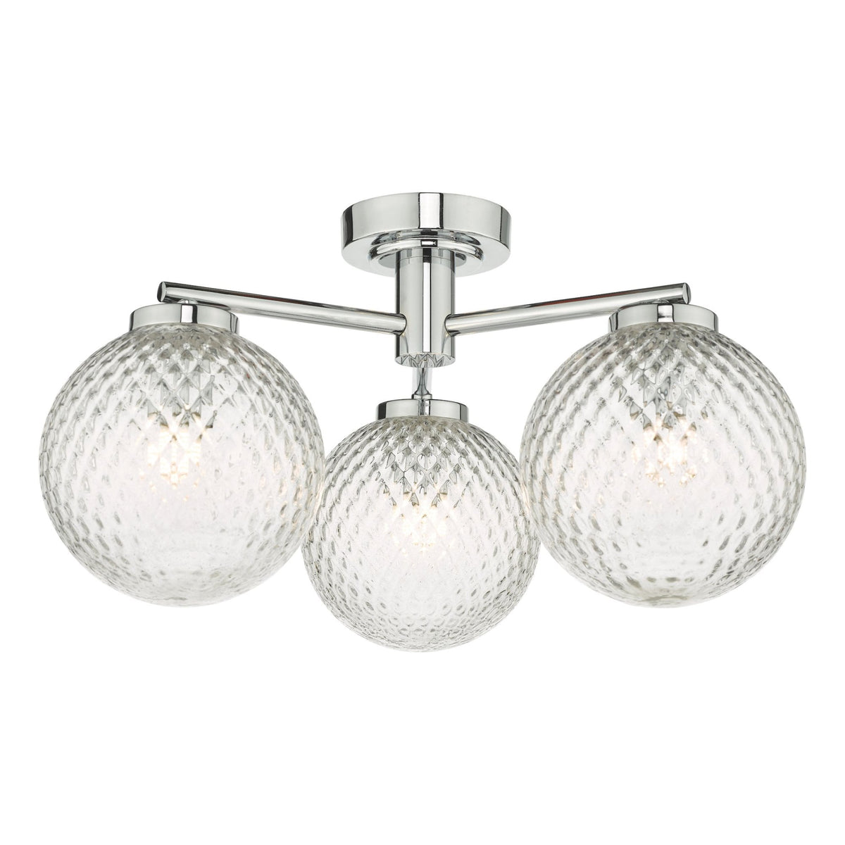 Wayne 3 Light IP44 Semi Flush Ceiling Light In Polished Chrome With Textured Glass Shade
