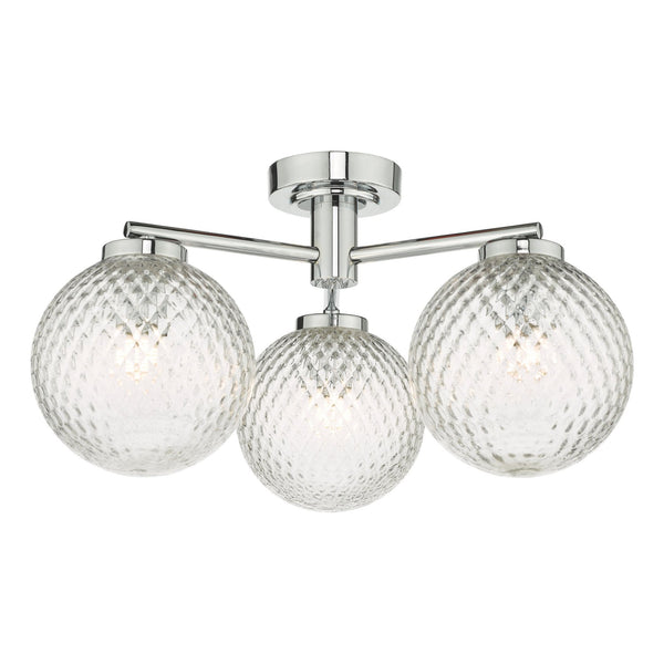 Wayne 3 Light IP44 Semi Flush Ceiling Light In Polished Chrome With Textured Glass Shade